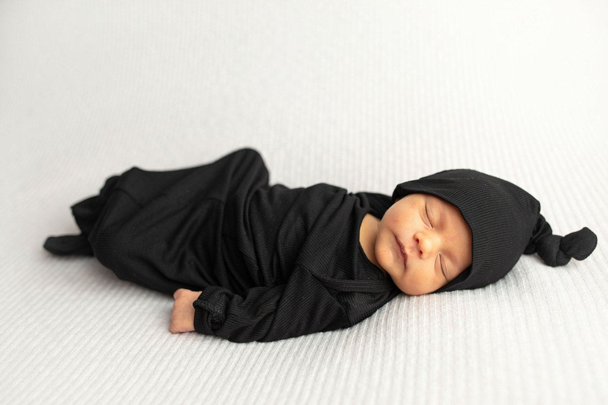 Three Little Tots Black Ribbed Knotted Baby Gown - 
