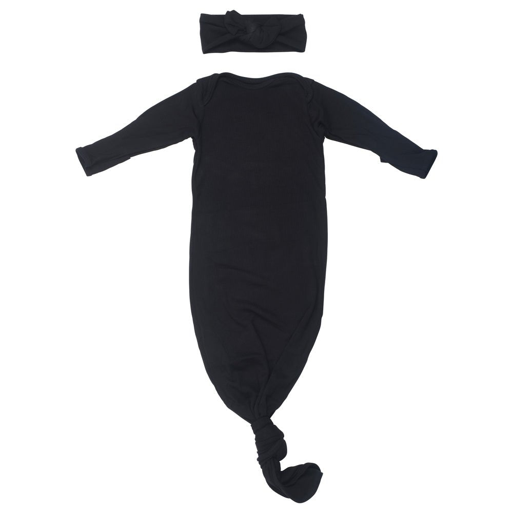 Three Little Tots Black Ribbed Knotted Baby Gown - 