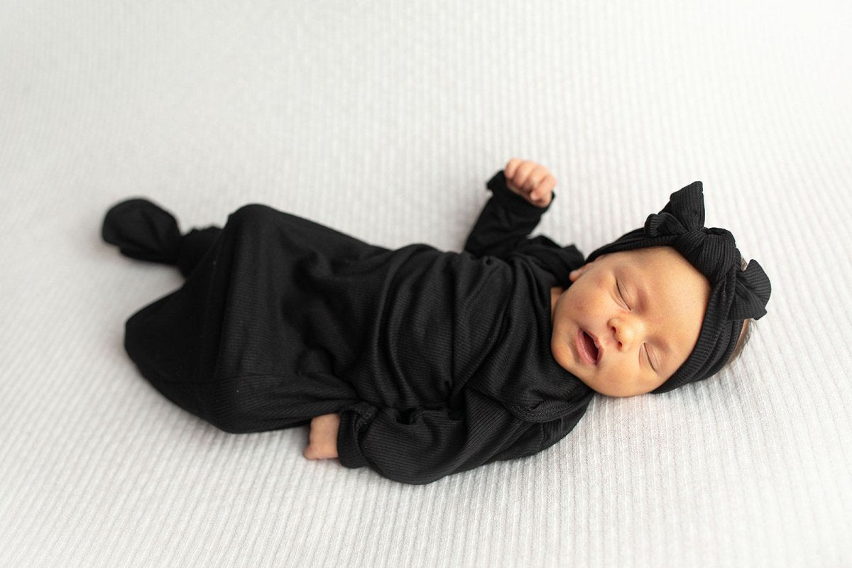Three Little Tots Black Ribbed Knotted Baby Gown - 