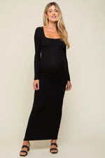 PinkBlush Black Ribbed Long Sleeve Square Neck Maternity Maxi Dress - 