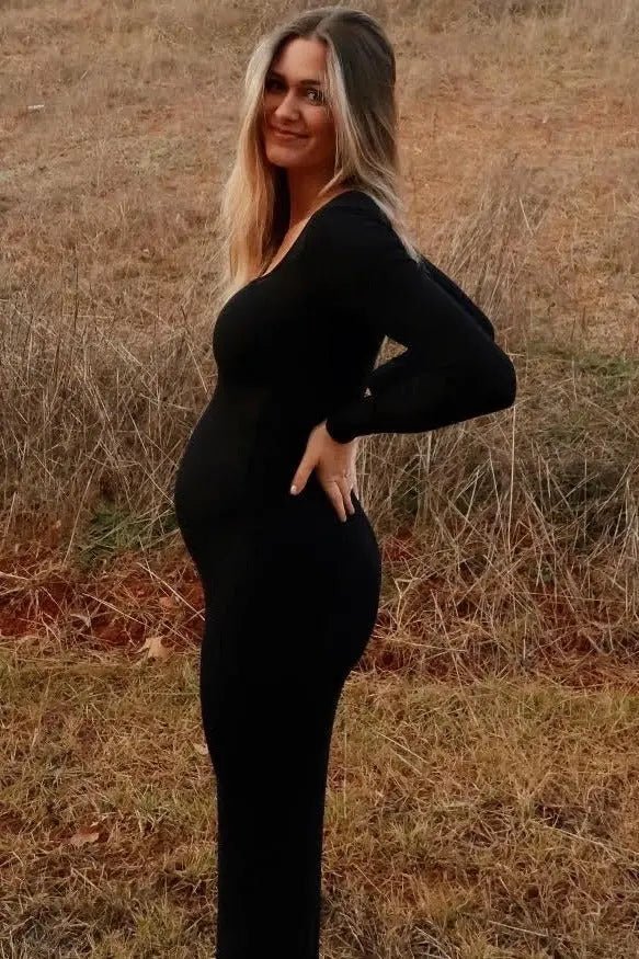 PinkBlush Black Ribbed Long Sleeve Square Neck Maternity Maxi Dress - 