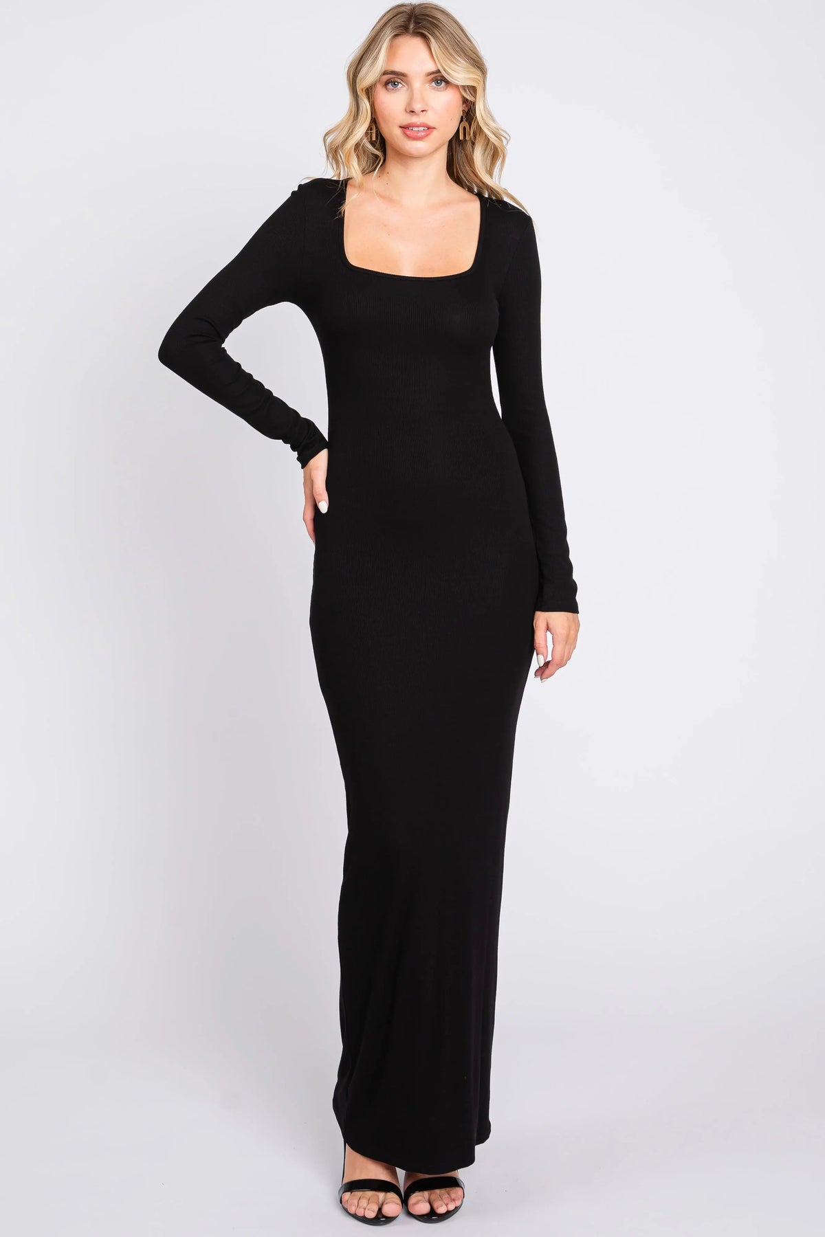 PinkBlush Black Ribbed Long Sleeve Square Neck Maternity Maxi Dress - 