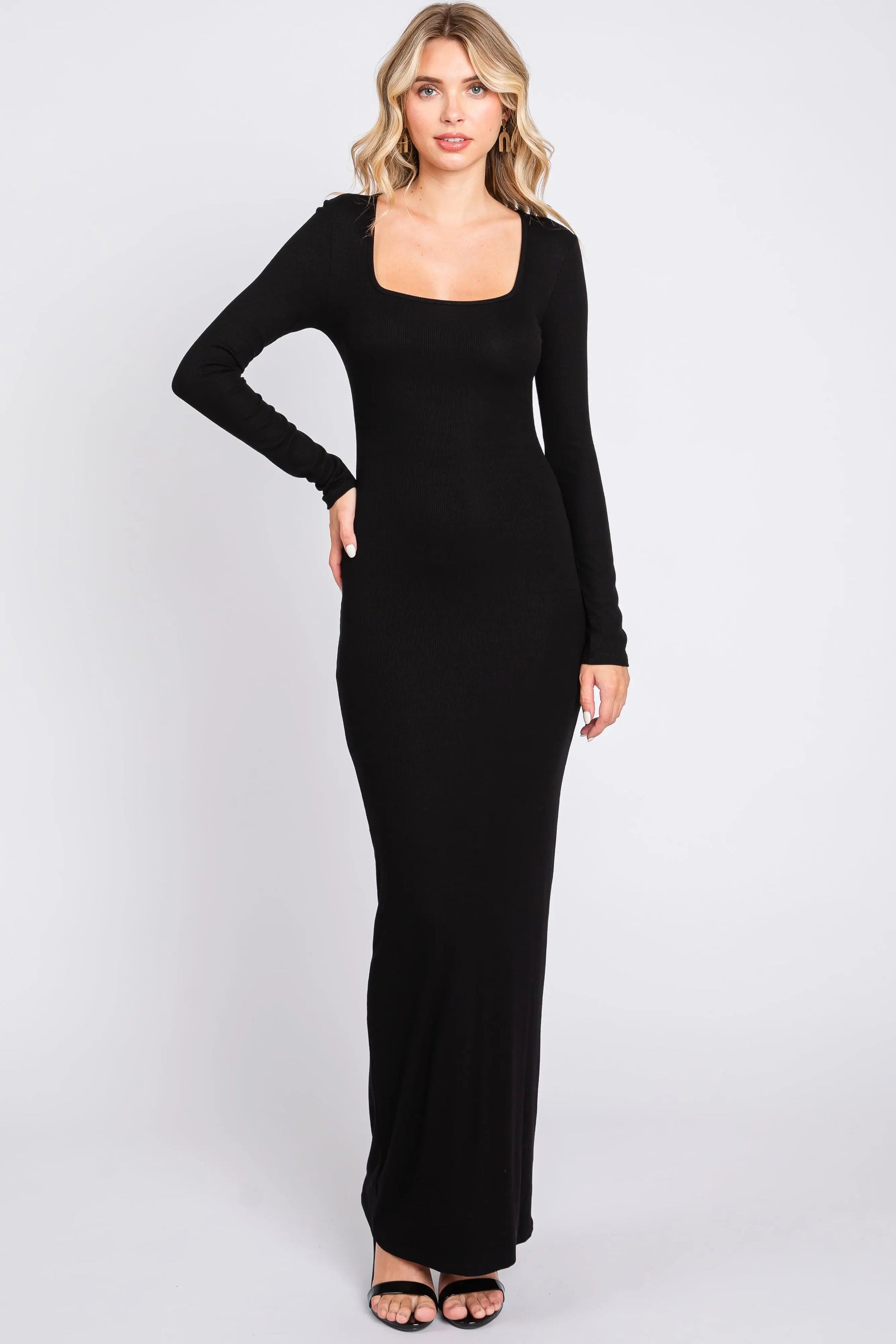 PinkBlush Black Ribbed Long Sleeve Square Neck Maternity Maxi Dress - 