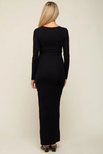 PinkBlush Black Ribbed Long Sleeve Square Neck Maternity Maxi Dress - 