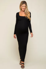PinkBlush Black Ribbed Long Sleeve Square Neck Maternity Maxi Dress - 