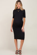 PinkBlush Black Ribbed Mock Neck Maternity Midi Dress - 