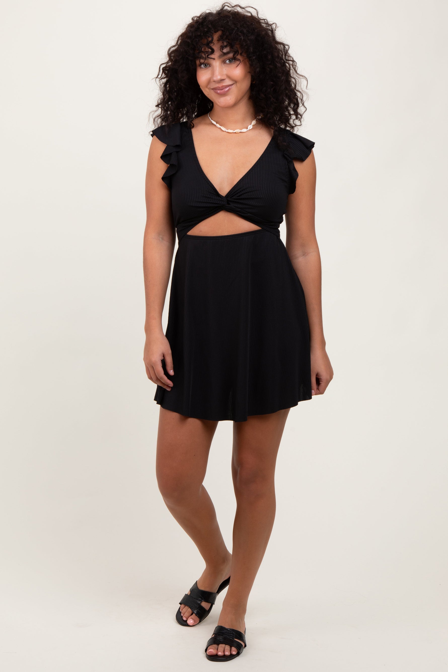 PinkBlush Black Ribbed Ruffle Twist Front Swim DressEveretts Place