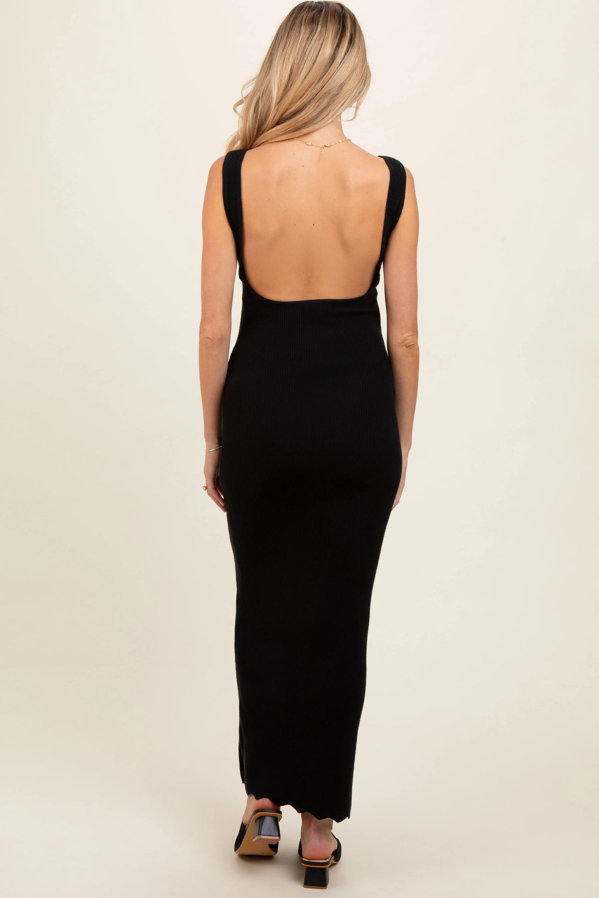 PinkBlush Black Ribbed Scalloped Neck Sleeveless Low Back Maternity Maxi Dress - 