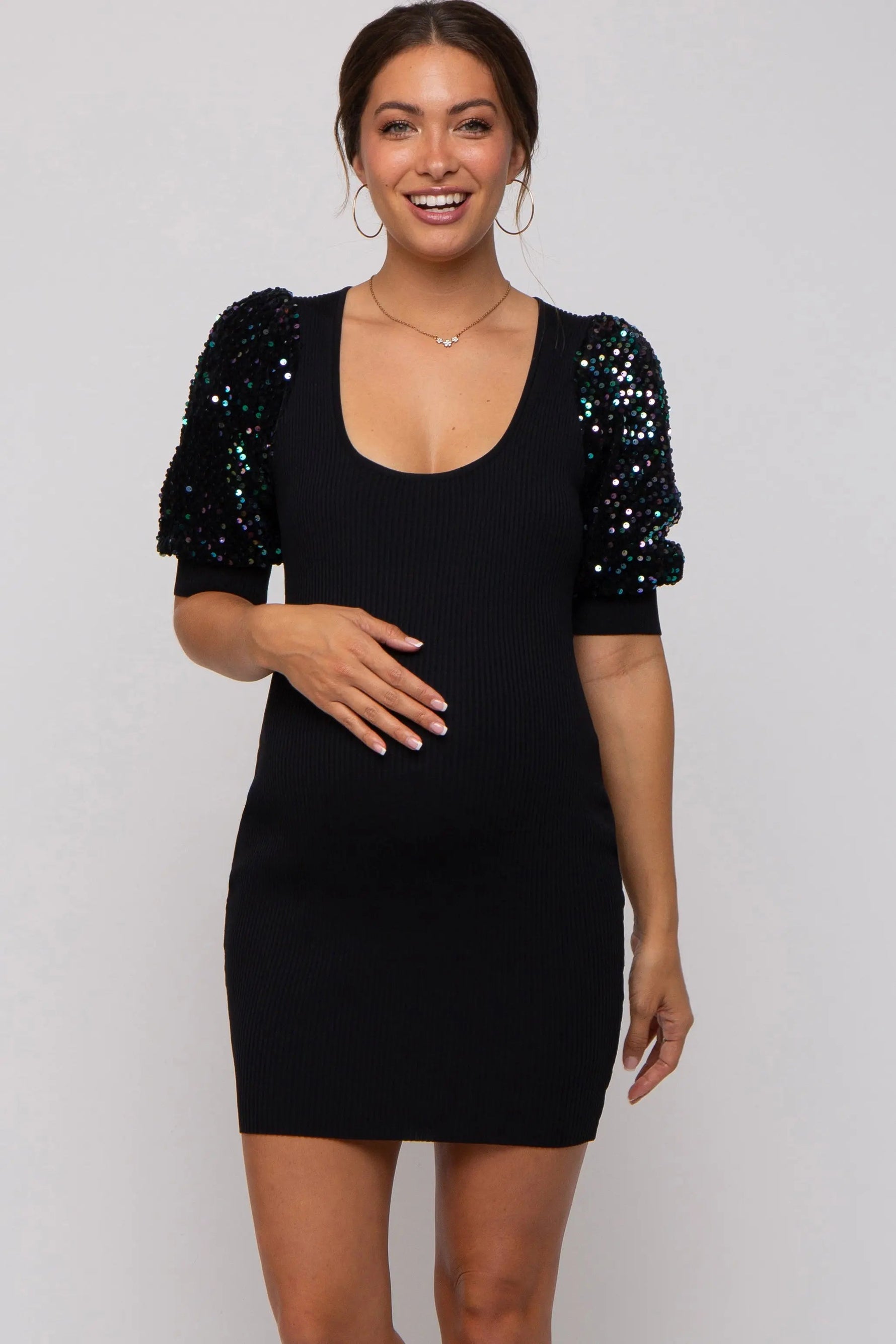 Black Ribbed Sequin Puff Sleeve Maternity Dress - Dress, Fashion, One-piece garment, Cocktail dress, Day Dress | Everetts Place