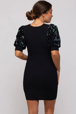 PinkBlush Black Ribbed Sequin Puff Sleeve Maternity Dress - 