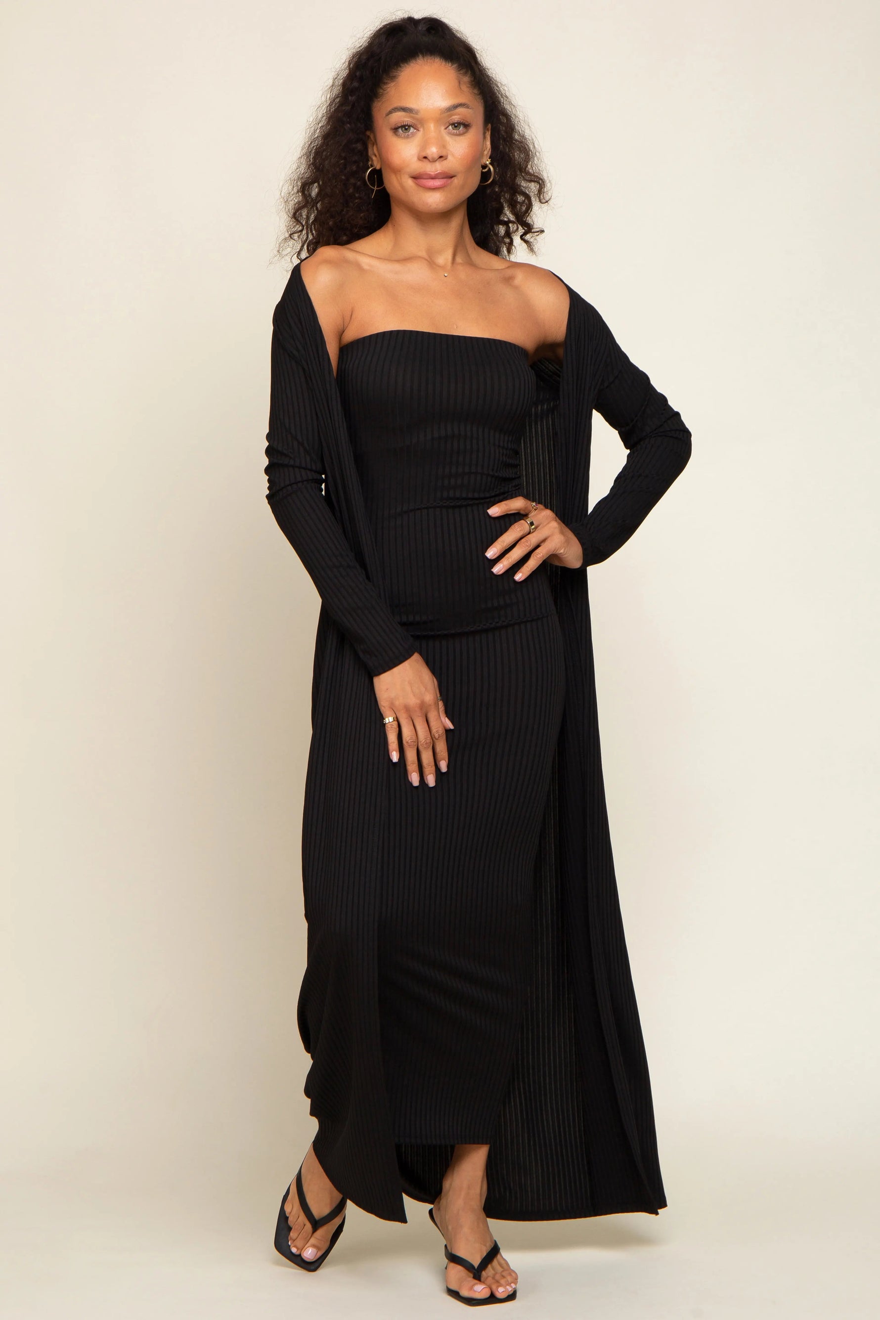 PinkBlush Black Ribbed Sleeveless Dress Cardigan Maternity Set - 