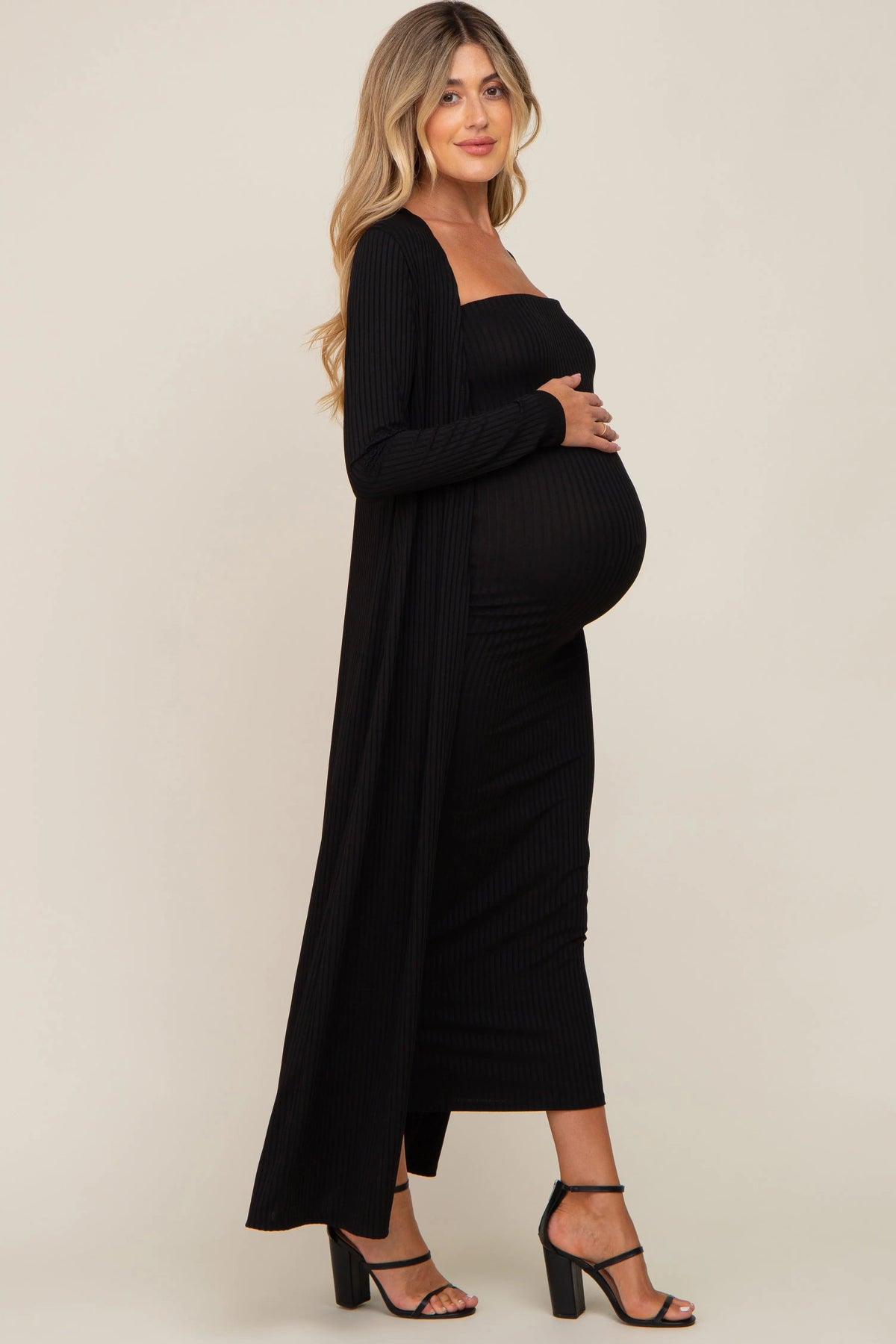 PinkBlush Black Ribbed Sleeveless Dress Cardigan Maternity Set - 