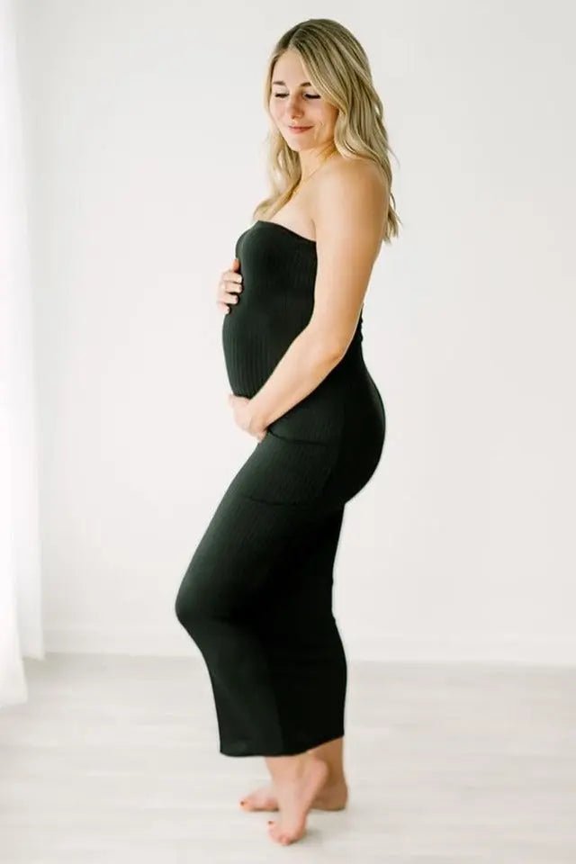 PinkBlush Black Ribbed Sleeveless Dress Cardigan Maternity Set - 
