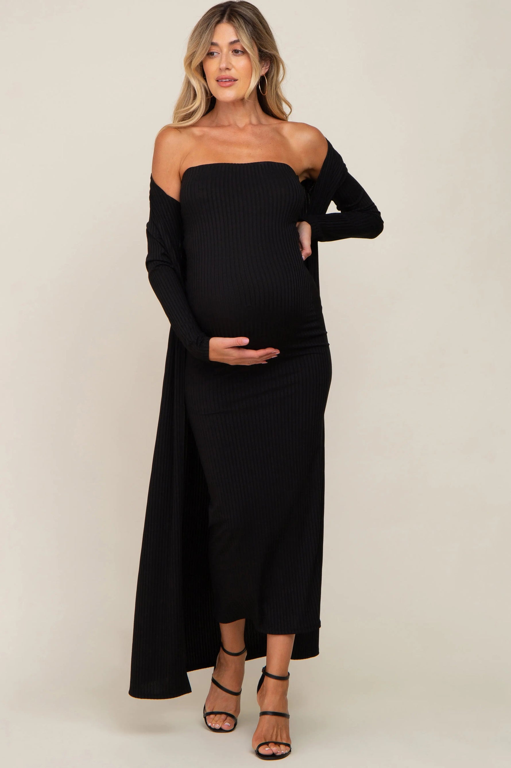 PinkBlush Black Ribbed Sleeveless Dress Cardigan Maternity Set - 