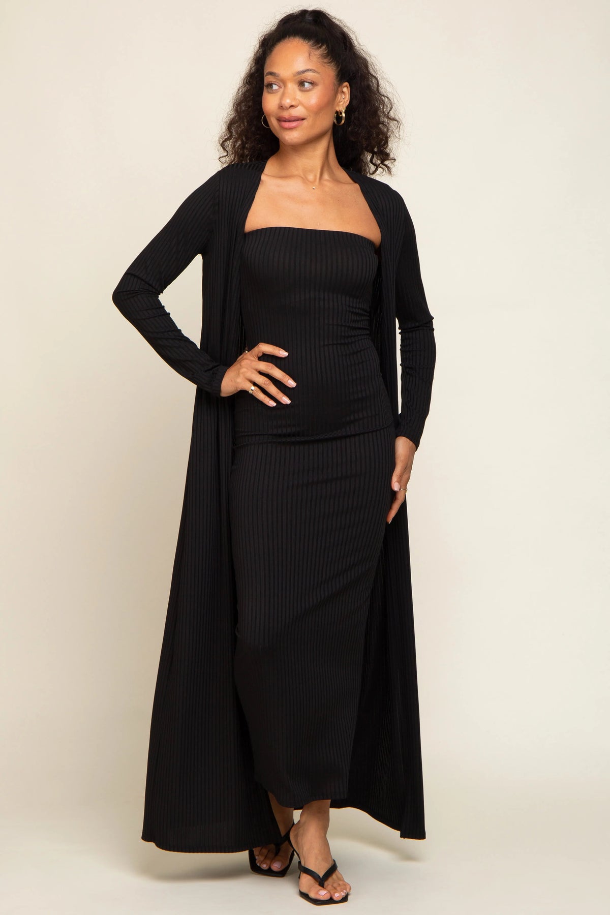 PinkBlush Black Ribbed Sleeveless Dress Cardigan Set - 