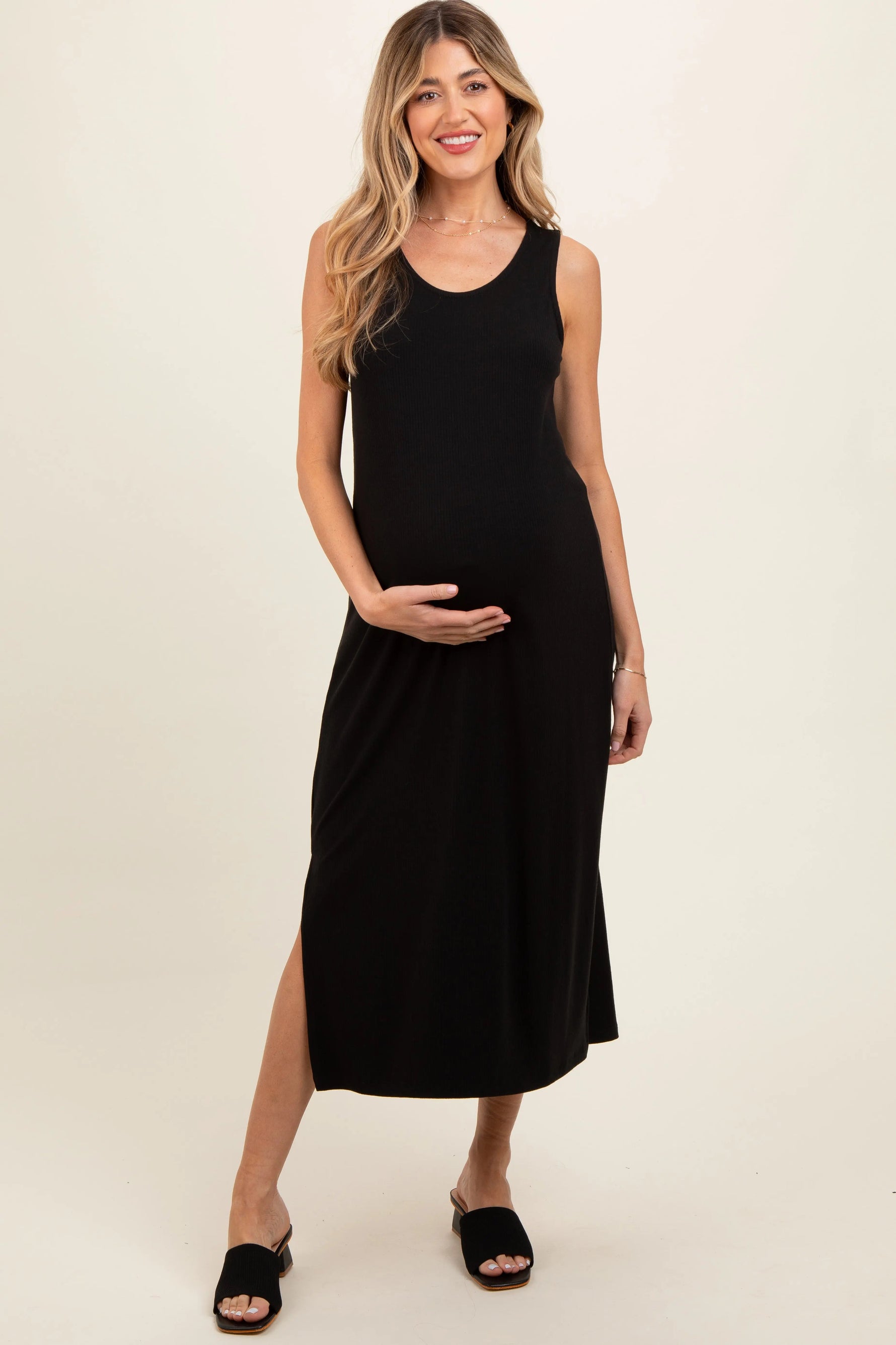 Black Ribbed Sleeveless Maternity Midi Dress - Day Dress, One-piece garment, Cocktail dress, Waist, Sheath dress | Everetts Place