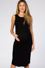 PinkBlush Black Ribbed Sleeveless Maternity Midi Dress - 