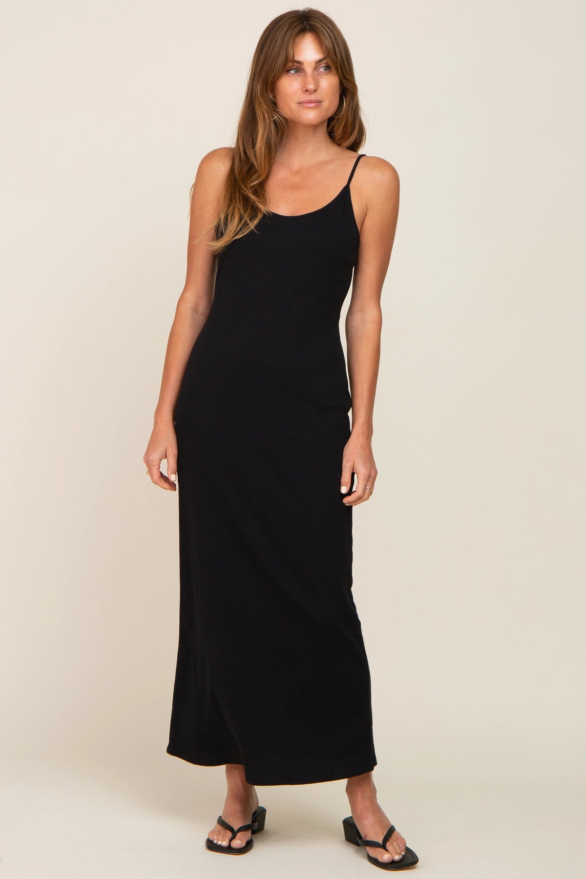 PinkBlush Black Ribbed Sleeveless Maxi Dress - 