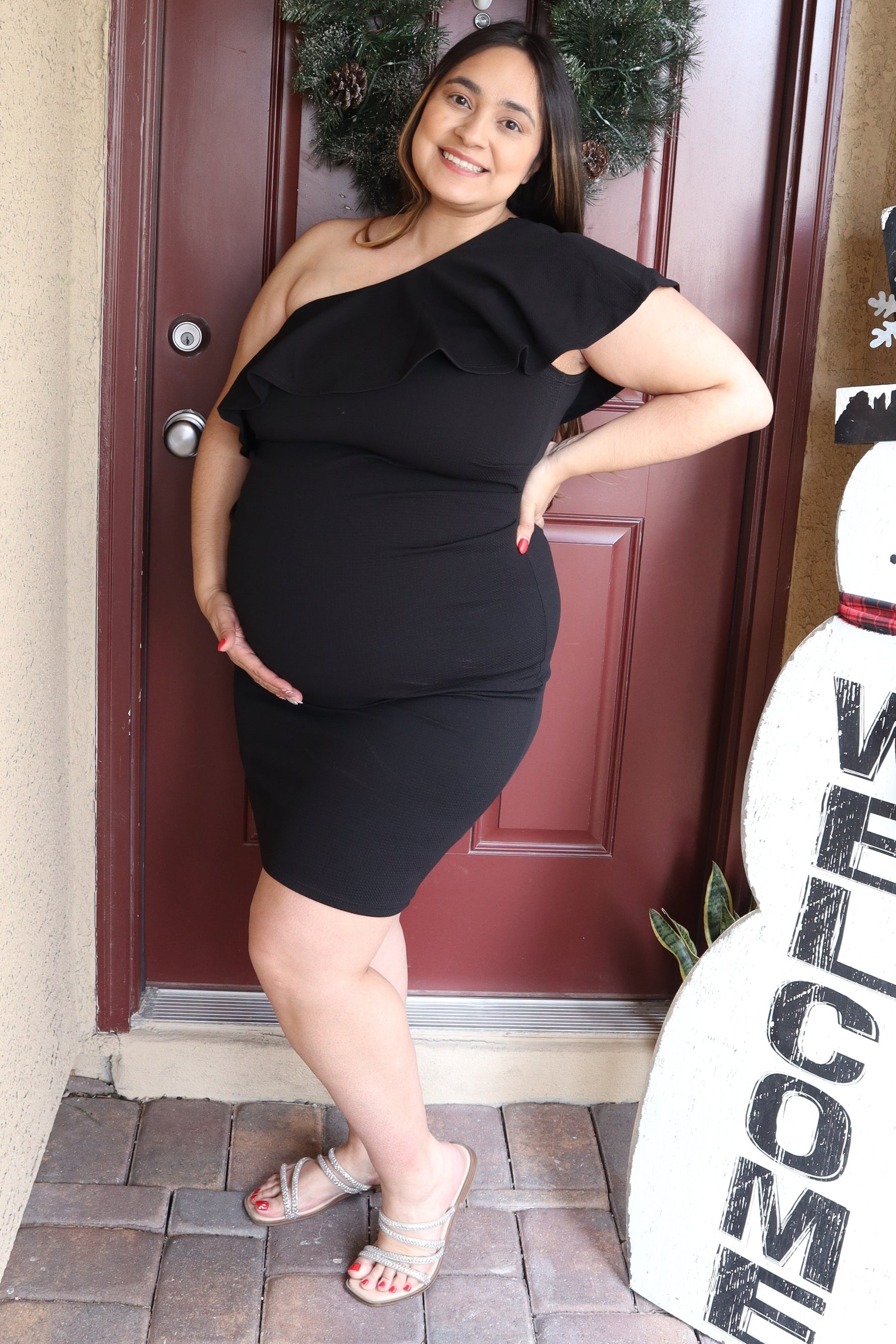 PinkBlush Black Ruffle One - Shoulder Maternity Midi DressEveretts Place