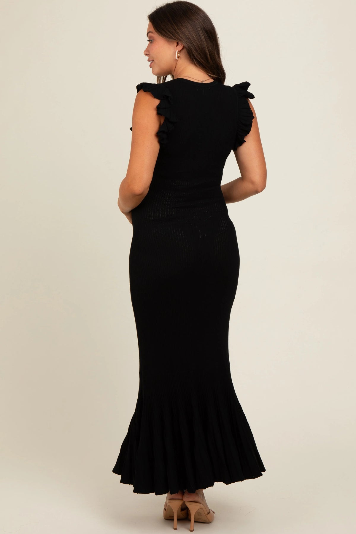 PinkBlush Black Ruffle Sleeve Mermaid Hem Maternity Midi Dress - 