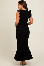 PinkBlush Black Ruffle Sleeve Mermaid Hem Maternity Midi Dress - 