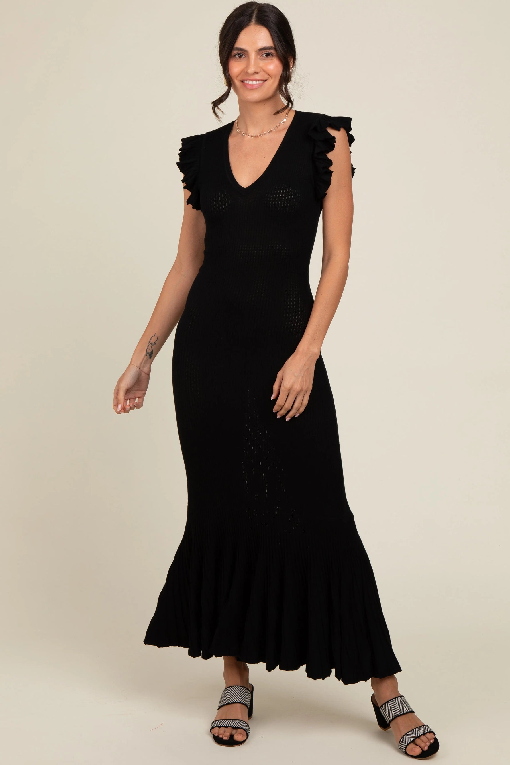 PinkBlush Black Ruffle Sleeve Mermaid Hem Maternity Midi Dress - 