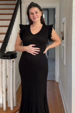 PinkBlush Black Ruffle Sleeve Mermaid Hem Maternity Midi Dress - 