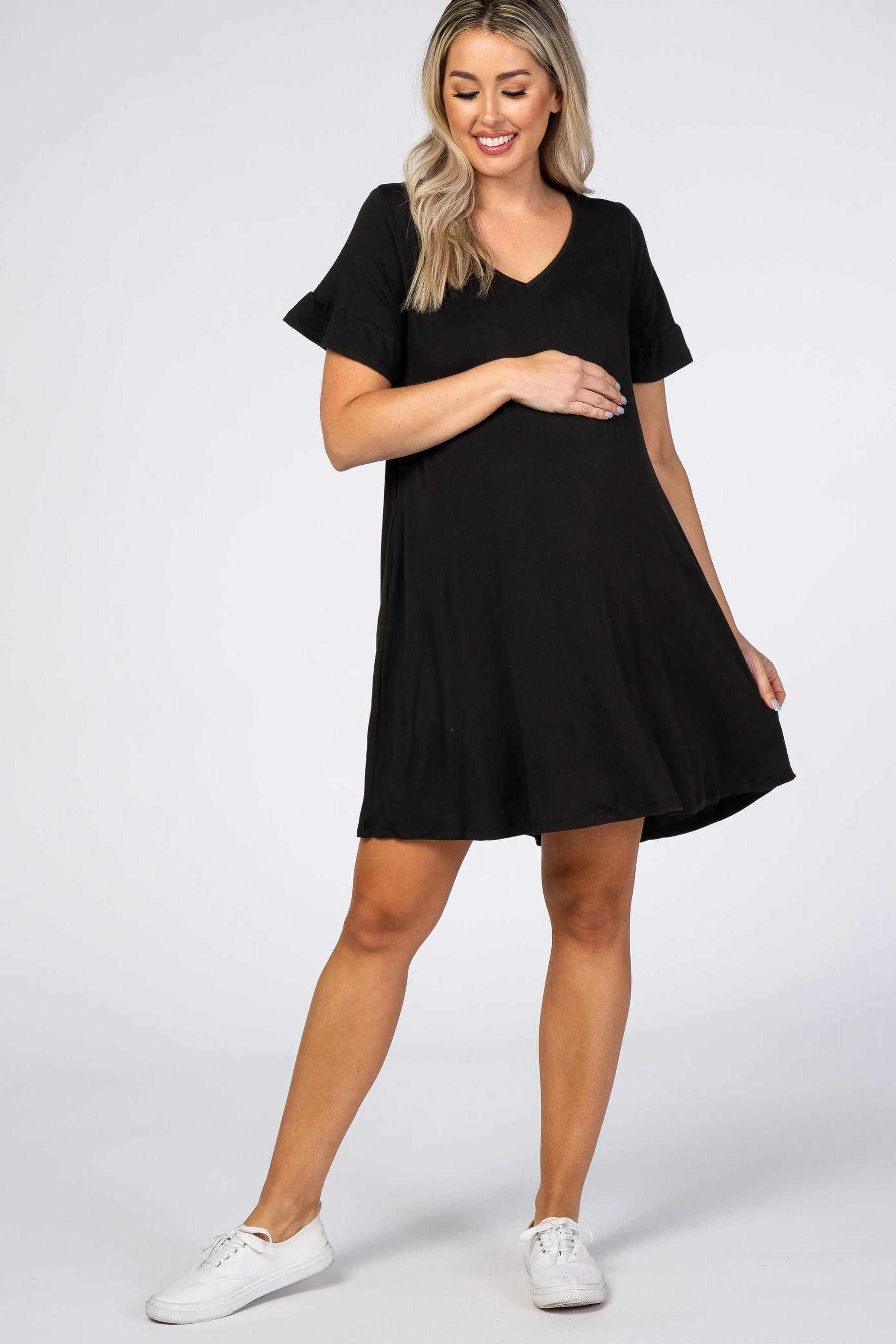 PinkBlush Black Ruffle Sleeve Swing Maternity Dress - 