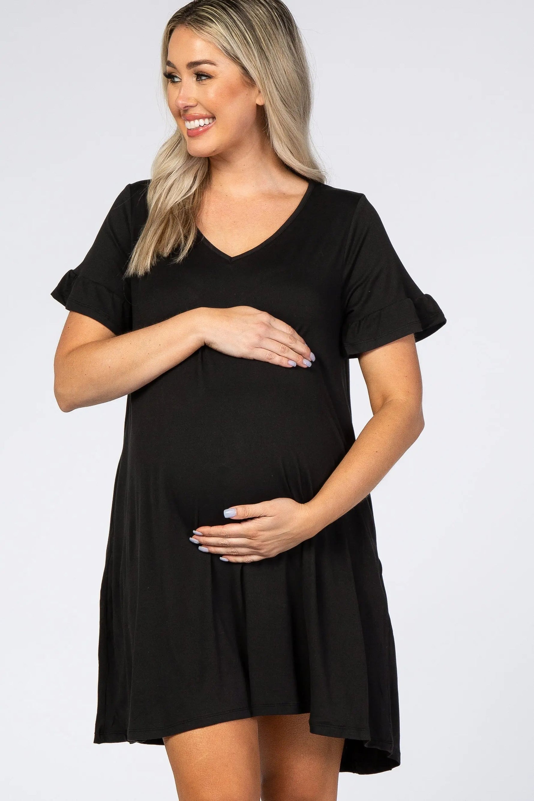 PinkBlush Black Ruffle Sleeve Swing Maternity Dress - 
