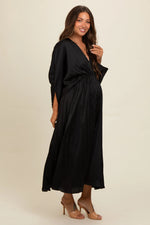 PinkBlush Black Satin Pleated V - Neck Maternity Maxi Dress - 