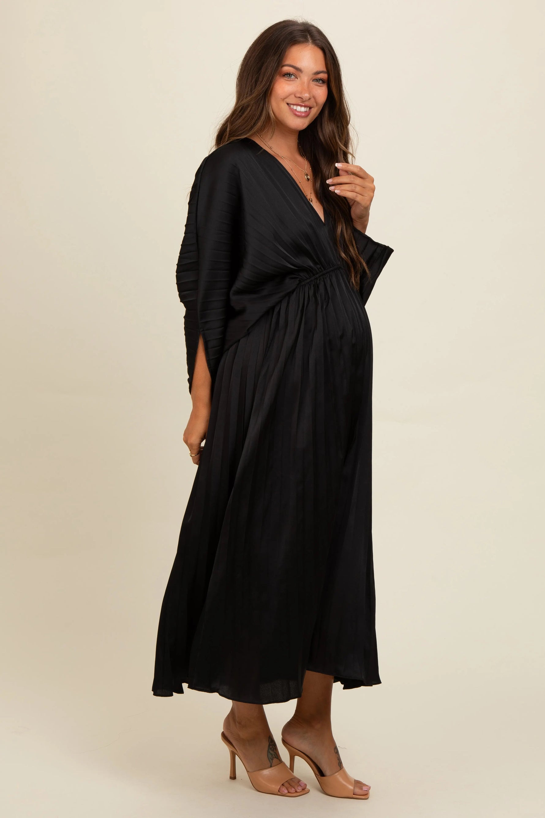 PinkBlush Black Satin Pleated V - Neck Maternity Maxi Dress - 
