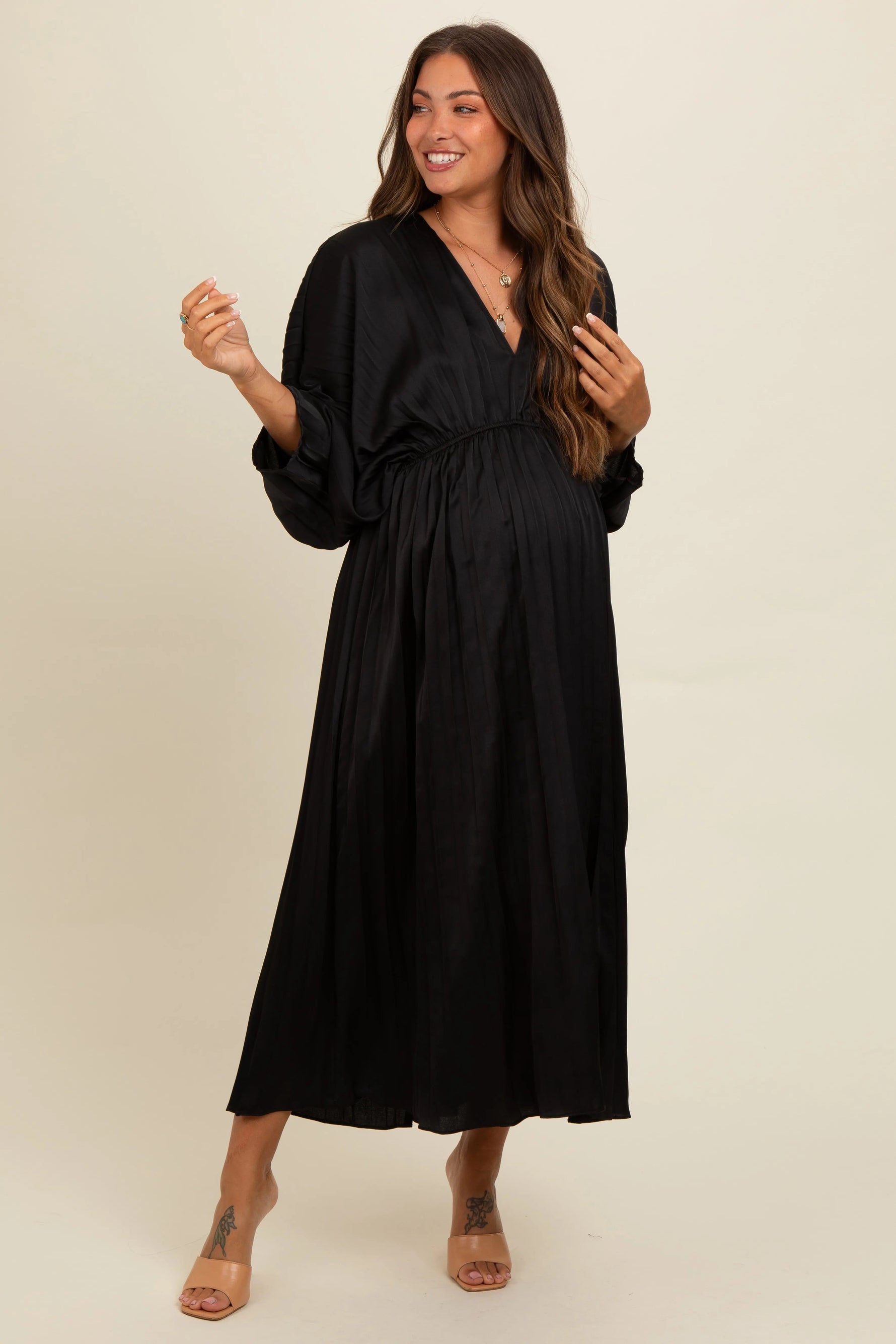 PinkBlush Black Satin Pleated V - Neck Maternity Maxi Dress - 