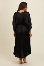 PinkBlush Black Satin Pleated V - Neck Maternity Maxi Dress - 