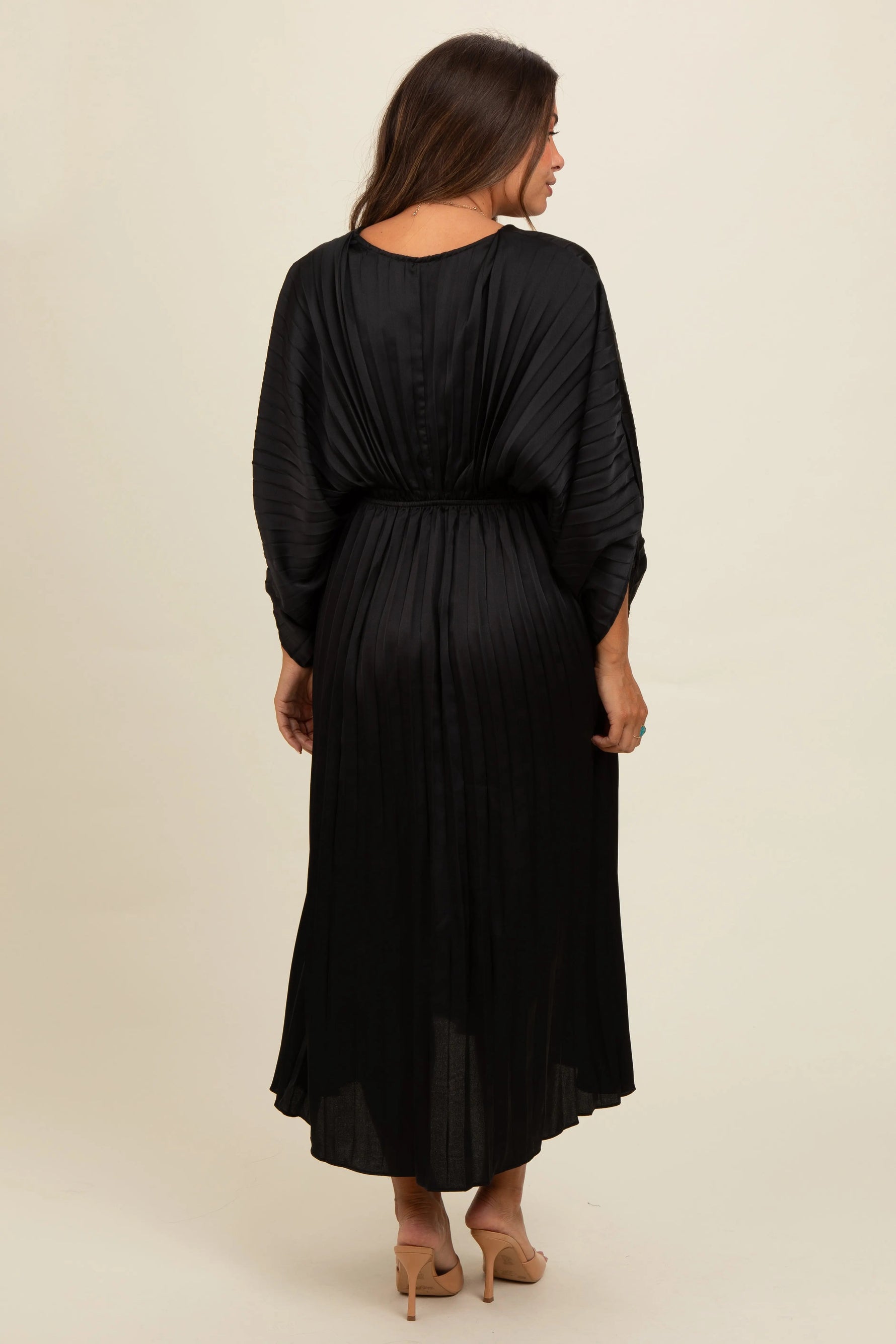 PinkBlush Black Satin Pleated V - Neck Maternity Maxi Dress - 