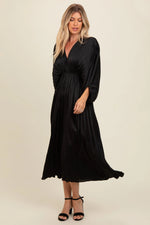 PinkBlush Black Satin Pleated V - Neck Maxi Dress - 