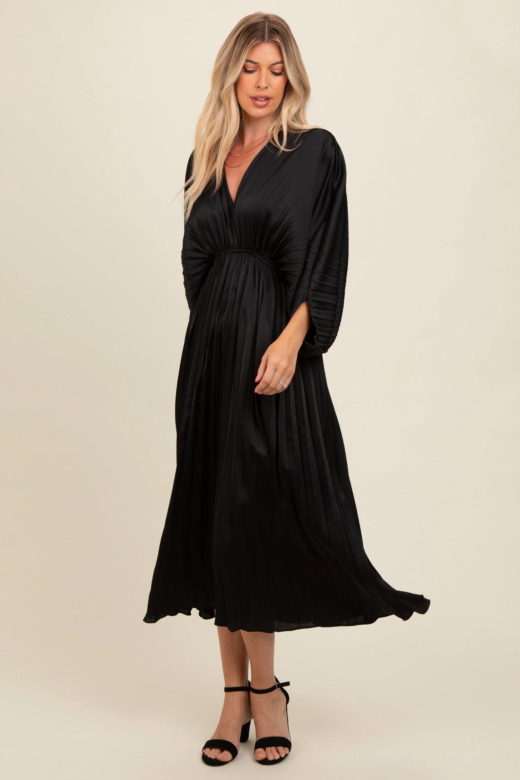 PinkBlush Black Satin Pleated V - Neck Maxi Dress - 