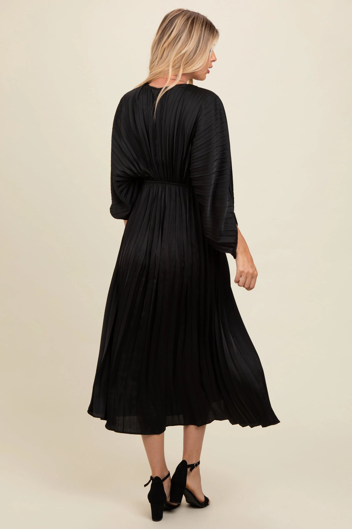 PinkBlush Black Satin Pleated V - Neck Maxi Dress - 
