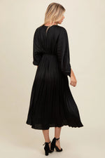 PinkBlush Black Satin Pleated V - Neck Maxi Dress - 