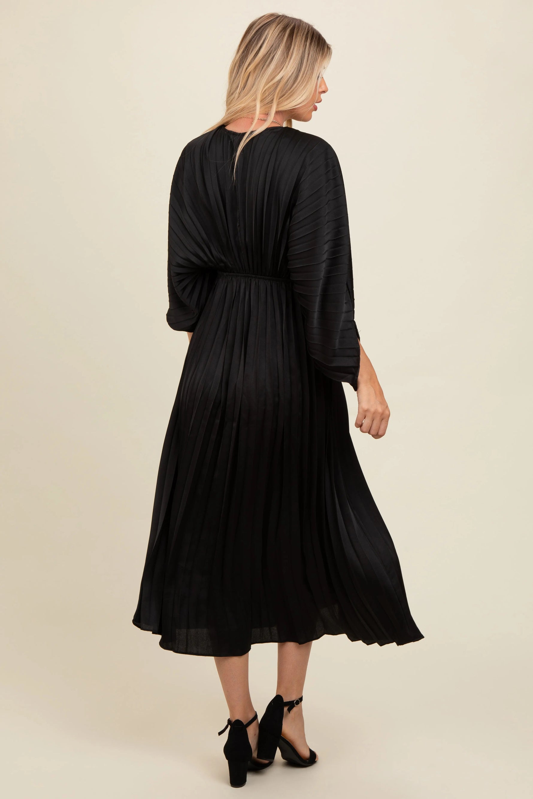 PinkBlush Black Satin Pleated V - Neck Maxi Dress - 