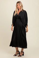 PinkBlush Black Satin Pleated V - Neck Maxi Dress - 