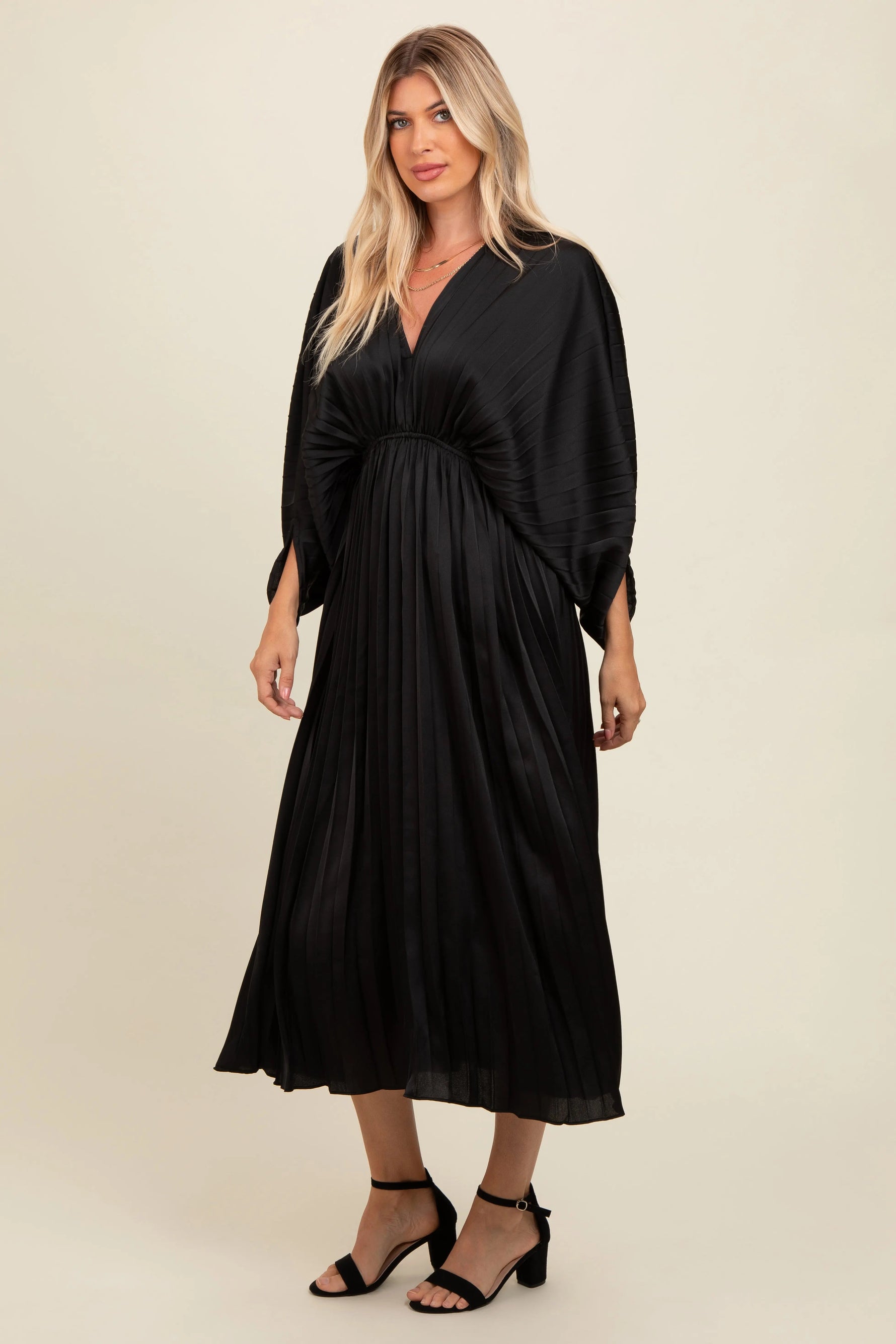 PinkBlush Black Satin Pleated V - Neck Maxi Dress - 