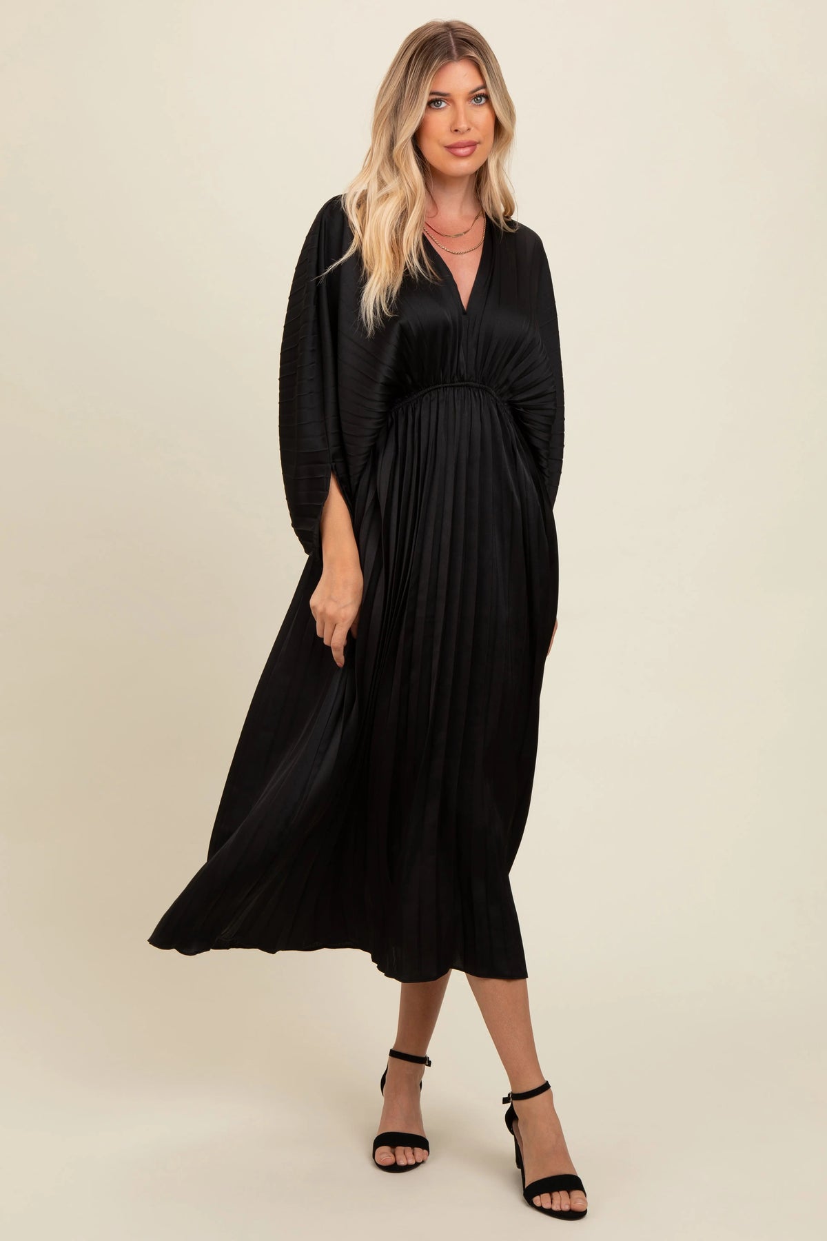 PinkBlush Black Satin Pleated V - Neck Maxi Dress - 