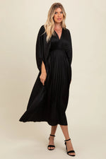 PinkBlush Black Satin Pleated V - Neck Maxi Dress - 