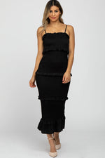 PinkBlush Black Satin Smocked Fitted Maternity Midi Dress - 