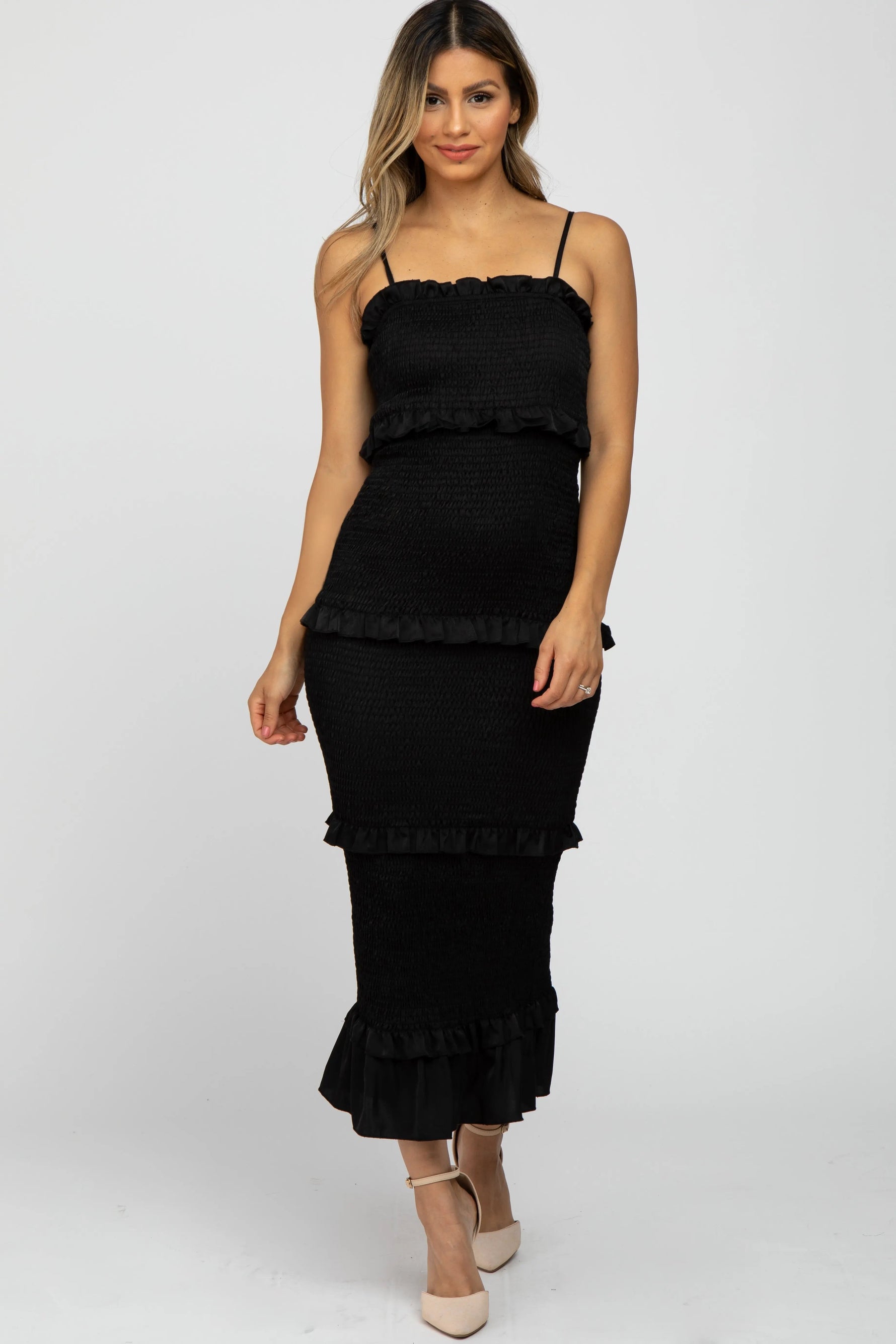 PinkBlush Black Satin Smocked Fitted Maternity Midi Dress - 