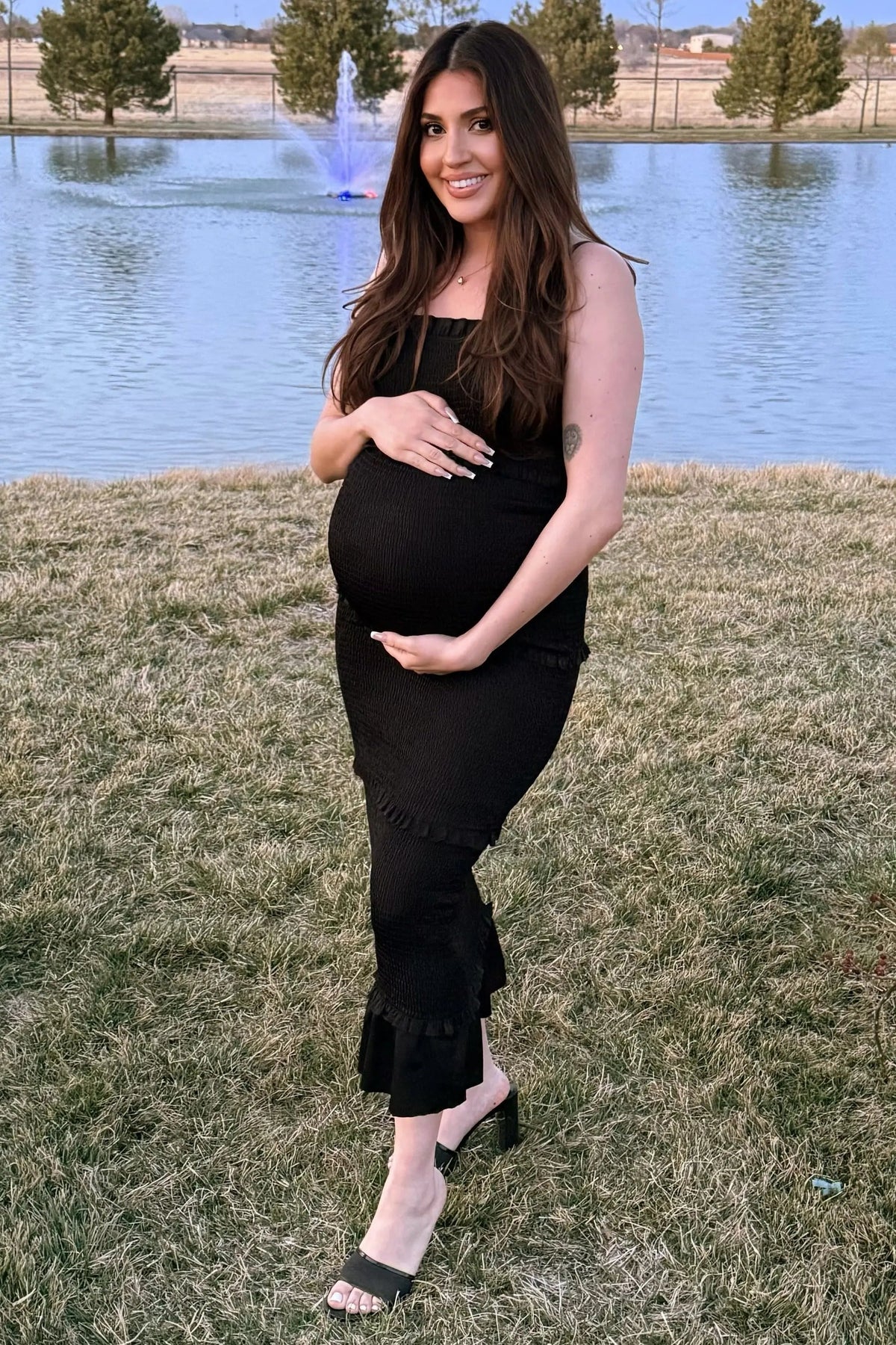 PinkBlush Black Satin Smocked Fitted Maternity Midi Dress - 