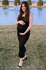 PinkBlush Black Satin Smocked Fitted Maternity Midi Dress - 