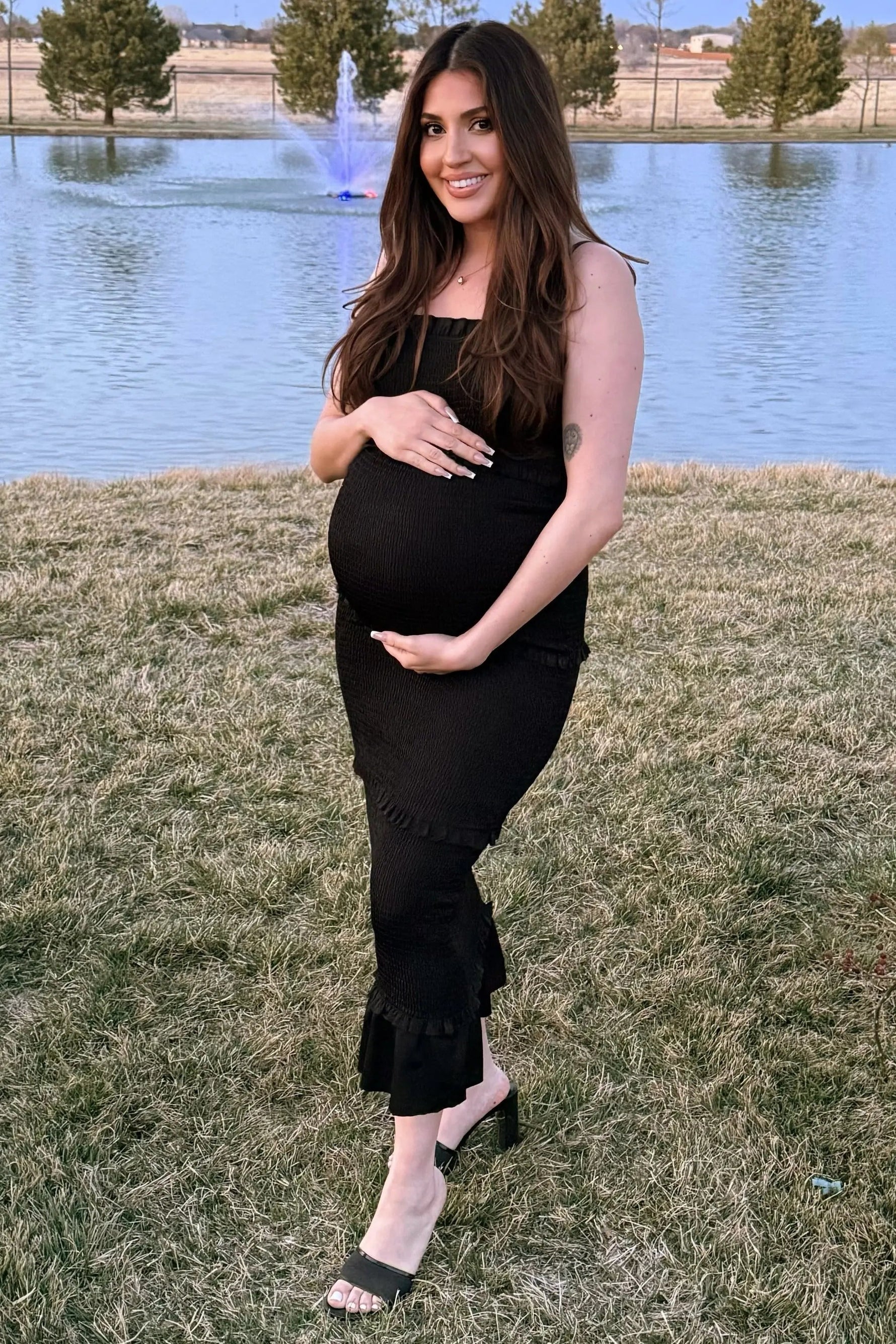 PinkBlush Black Satin Smocked Fitted Maternity Midi Dress - 