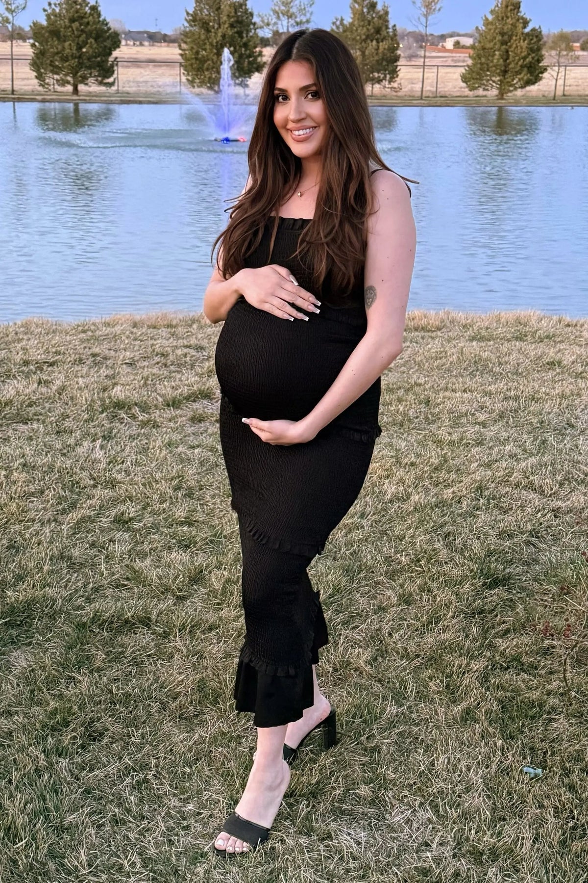 PinkBlush Black Satin Smocked Fitted Maternity Midi Dress - 