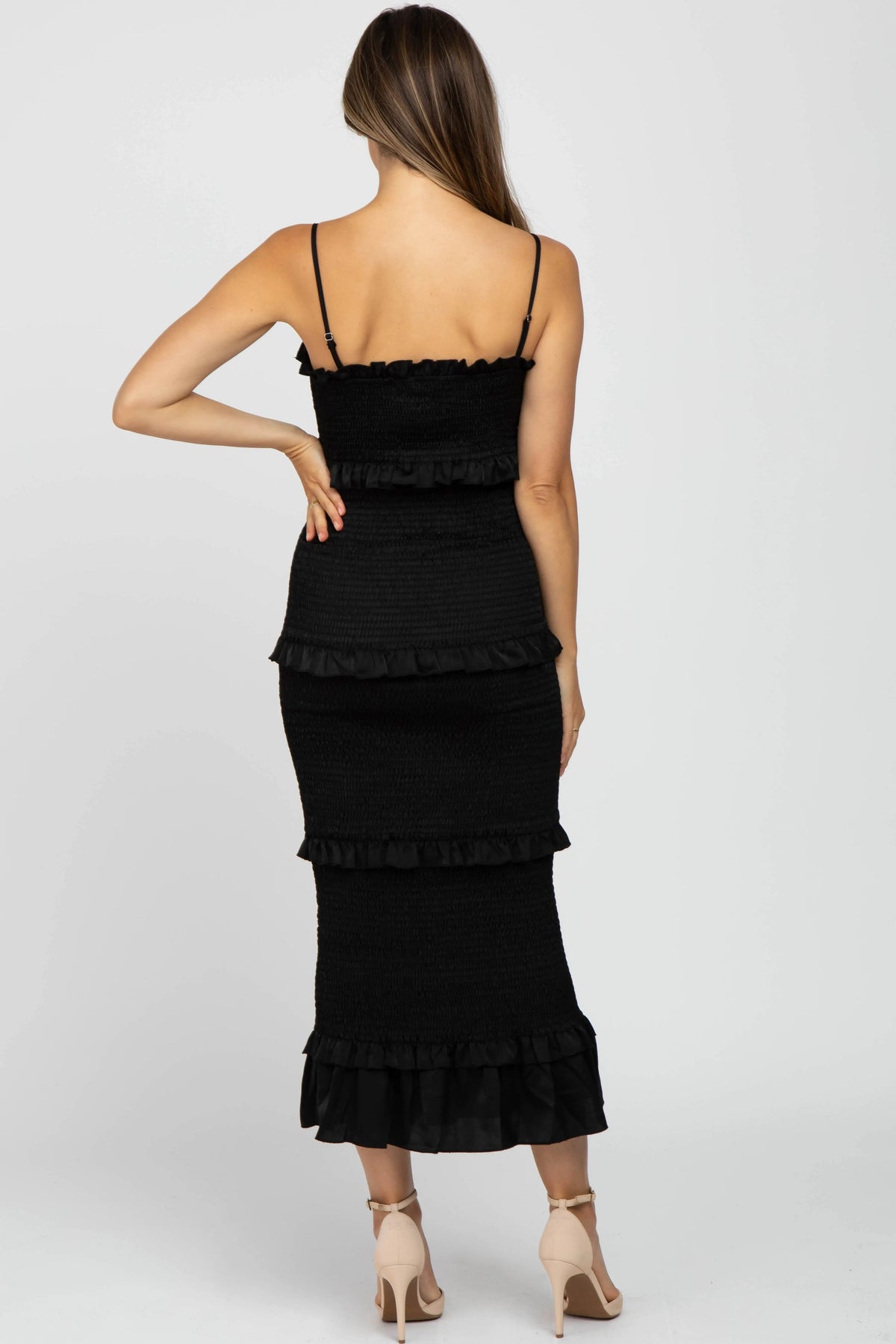 PinkBlush Black Satin Smocked Fitted Maternity Midi Dress - 